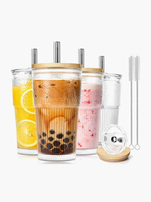 KEMORELA 4-Pack 20oz Ribbed Glass Tumblers with 2-in-1