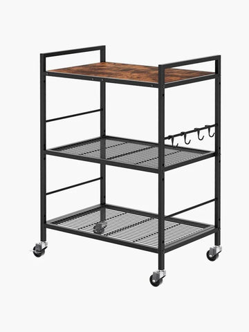 3-Tier kitchen trolley,Brown Wood Top,60W×40Dcm,4 Hooks