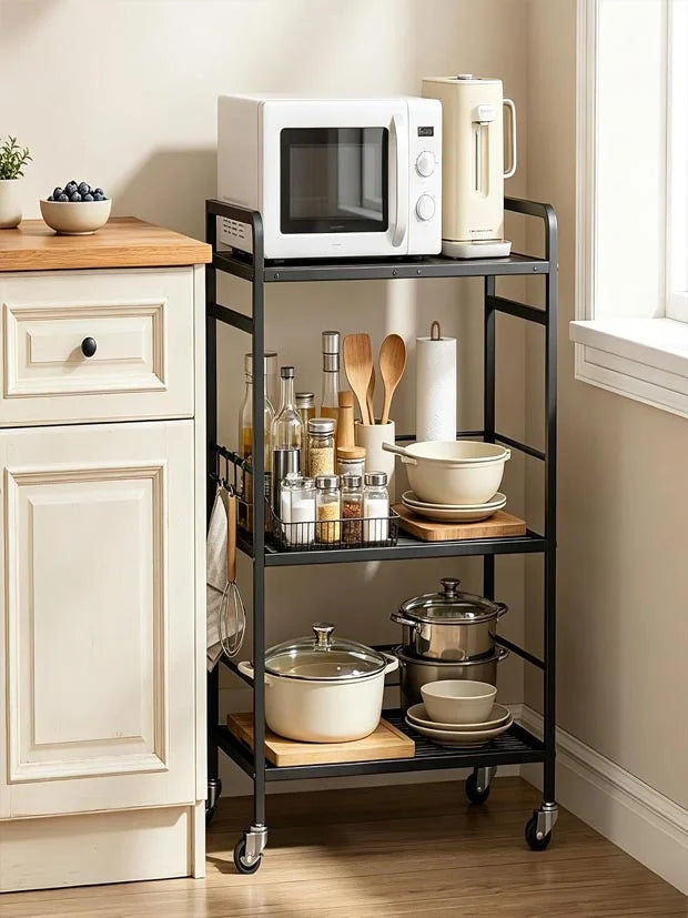 3-Tier kitchen trolley,Brown Wood Top,60W×40Dcm,4 Hooks