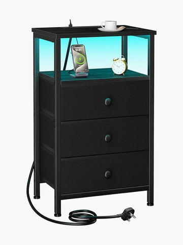 LOAKEKEL Bedside Table with Charging Station, Side Table with 3 Drawers