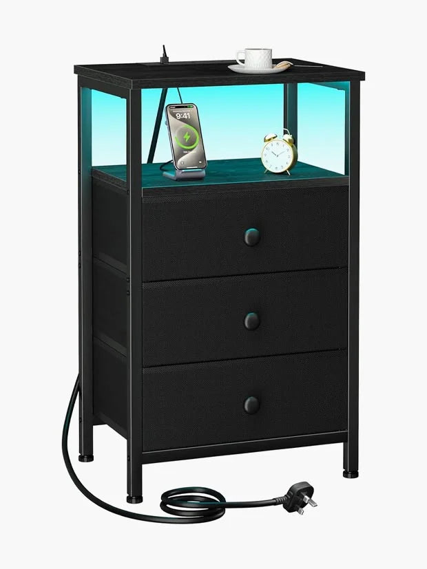 LOAKEKEL Bedside Table with Charging Station, Side Table with 3 Drawers