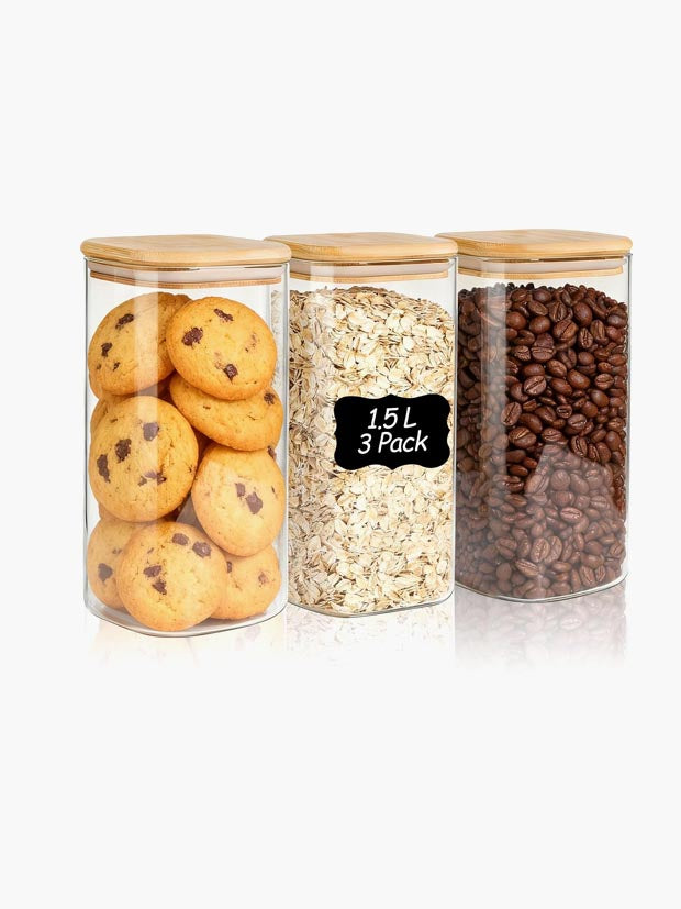 ComSaf 1.5L Square Glass Storage Jars with Bamboo Lids for Cereal, 3 Pack