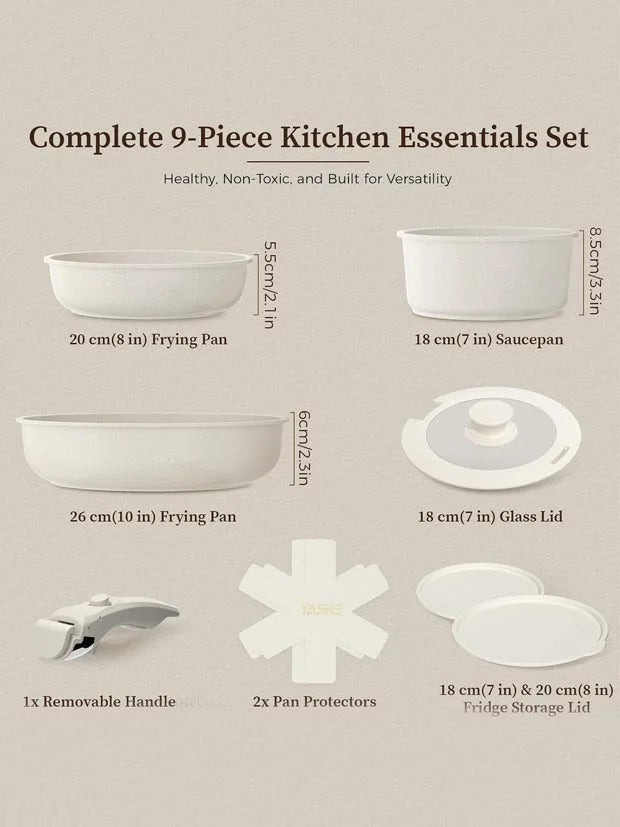 YASHE 9Pcs Granite Nonstick Pans and Pots Set, Oven Safe, Stackable