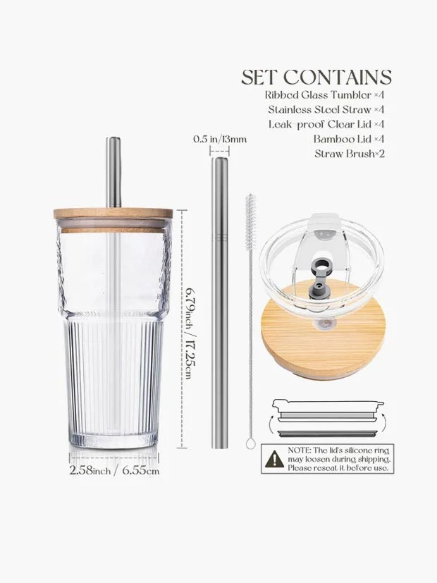 KEMORELA 4-Pack 20oz Ribbed Glass Tumblers with 2-in-1