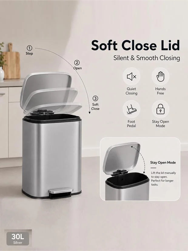 Nyxi 30L Kitchen Bin with Soft Close Lid, Stainless Steel Pedal Bin