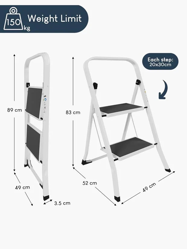 HOME VIDA 2 Step Ladder - Heavy Duty Steel Folding Ladder