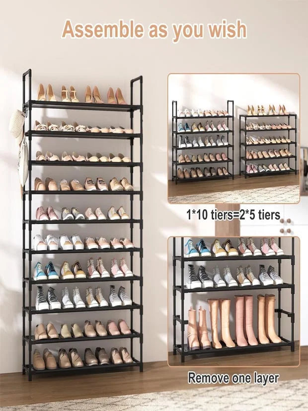 Shoe Rack, 10 Tier Shoe Storage Organizer with Hooks,175*72*30cm,XXL