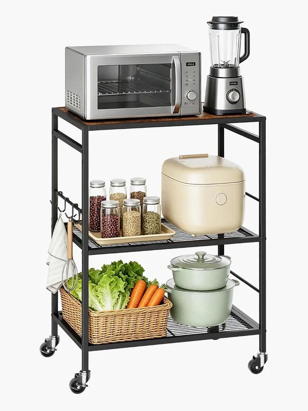 3-Tier kitchen trolley,Brown Wood Top,60W×40Dcm,4 Hooks