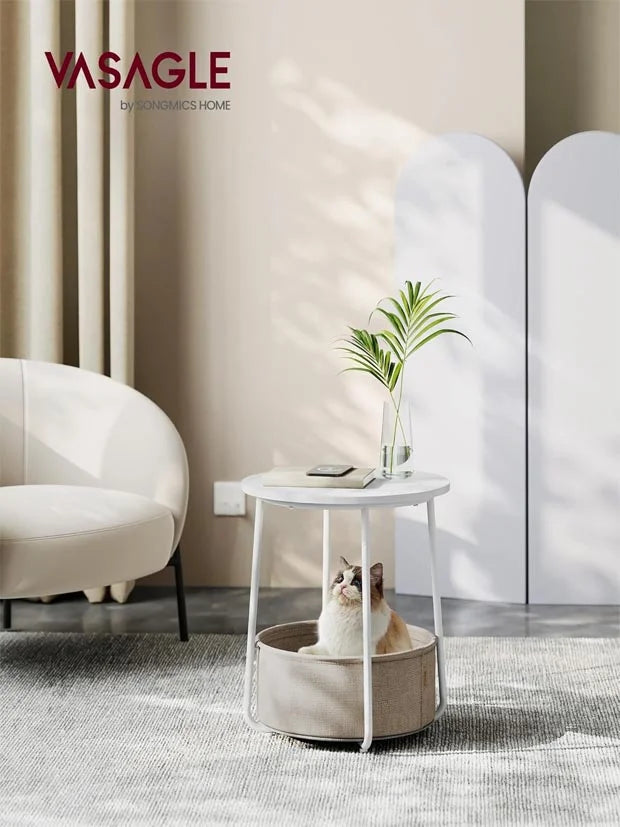 VASAGLE Side Table, Round End Table with Fabric Basket