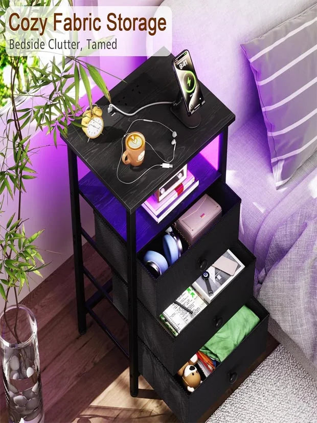 LOAKEKEL Bedside Table with Charging Station, Side Table with 3 Drawers