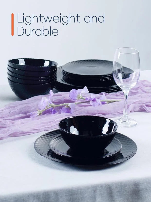 LaGlint Opal Glass Dinner Set 12 Piece for 4 Black Faceted Ribbed