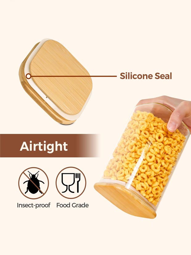 ComSaf 1.5L Square Glass Storage Jars with Bamboo Lids for Cereal, 3 Pack