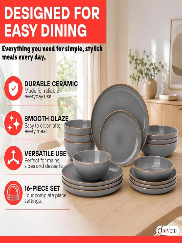DIVCHI 16-Piece Dinner Set4 Ceramic Dinnerware 4 Dinner Plates 4 Side Plates 4 Shallow Bowls & 4 Deep Bowls