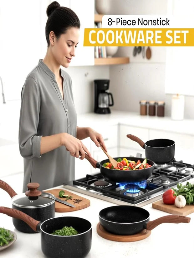 Kichly Non-Stick Granite 8 Pcs Cooking Pots and Pans Set