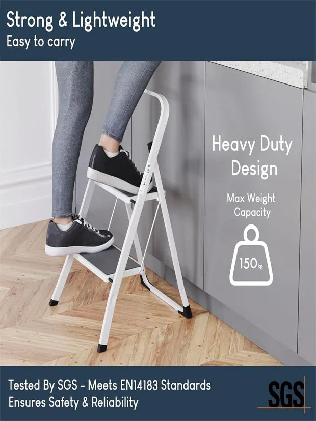 HOME VIDA 2 Step Ladder - Heavy Duty Steel Folding Ladder