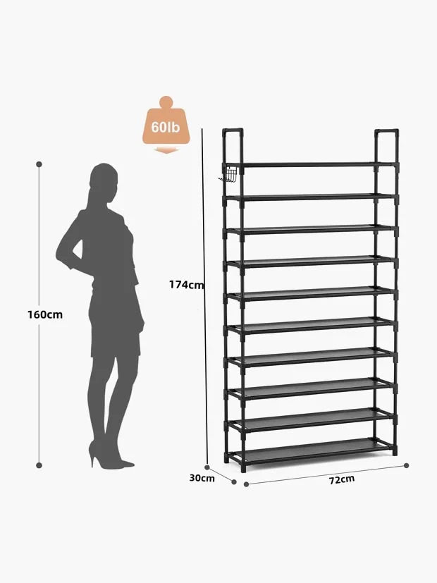 Shoe Rack, 10 Tier Shoe Storage Organizer with Hooks,175*72*30cm,XXL