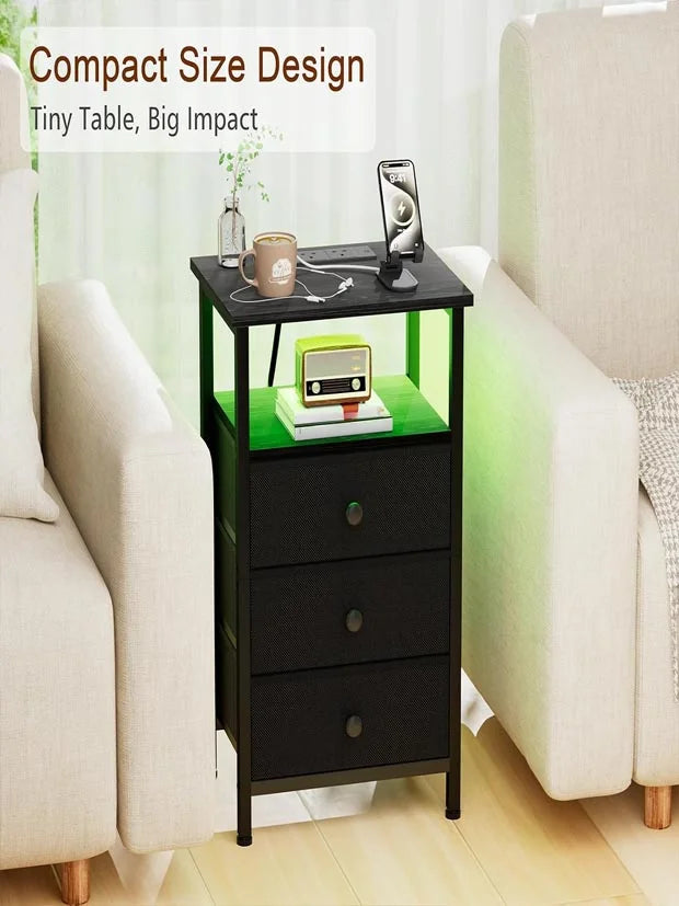LOAKEKEL Bedside Table with Charging Station, Side Table with 3 Drawers
