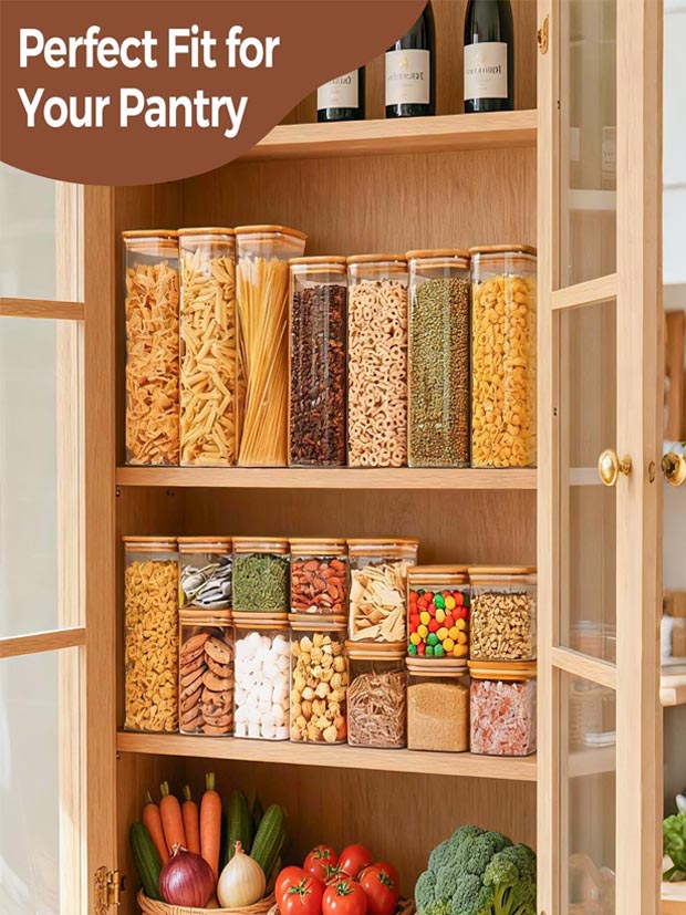 ComSaf 1.5L Square Glass Storage Jars with Bamboo Lids for Cereal, 3 Pack