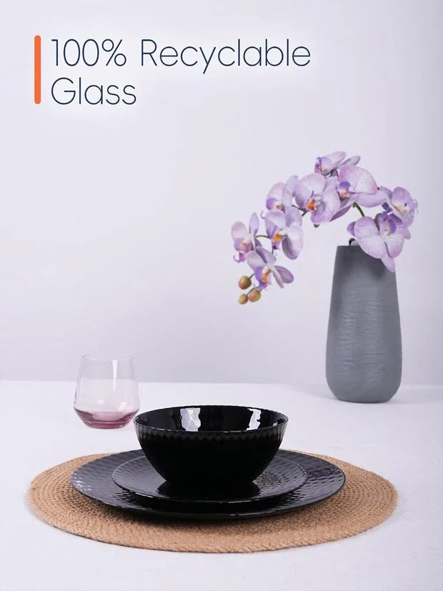 LaGlint Opal Glass Dinner Set 12 Piece for 4 Black Faceted Ribbed