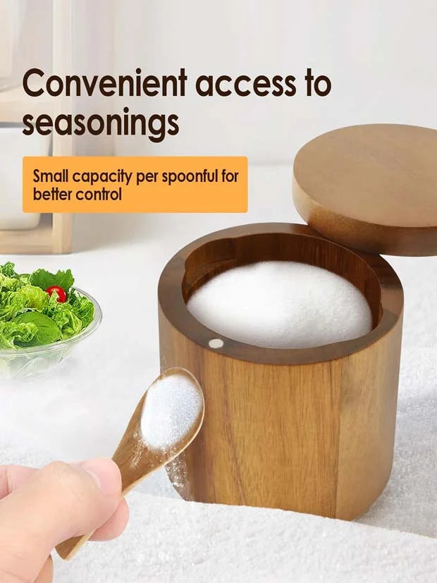 2 Compartments Acacia Salt and Pepper Box with Built in Spoon
