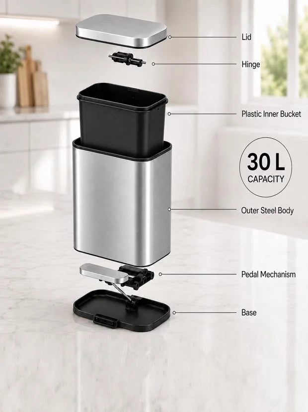 Nyxi 30L Kitchen Bin with Soft Close Lid, Stainless Steel Pedal Bin
