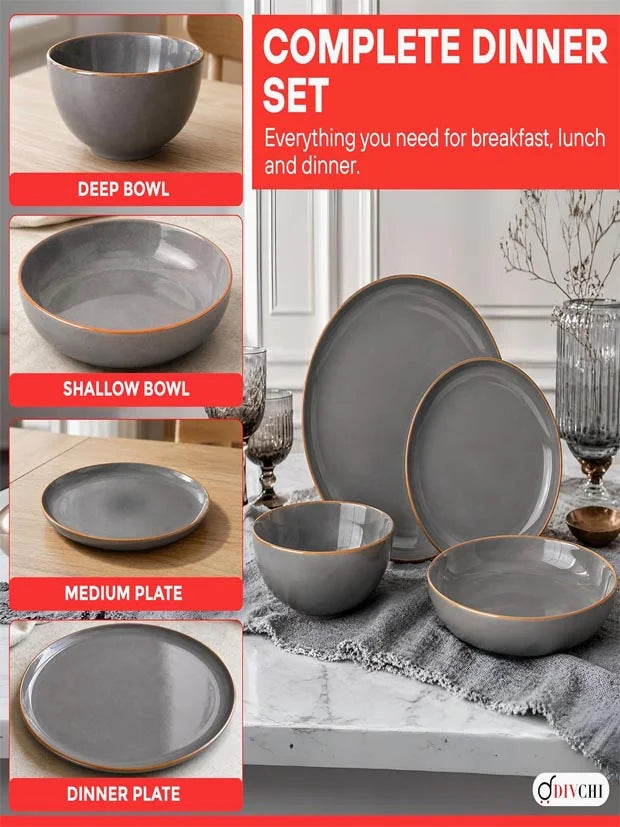 DIVCHI 16-Piece Dinner Set4 Ceramic Dinnerware 4 Dinner Plates 4 Side Plates 4 Shallow Bowls & 4 Deep Bowls