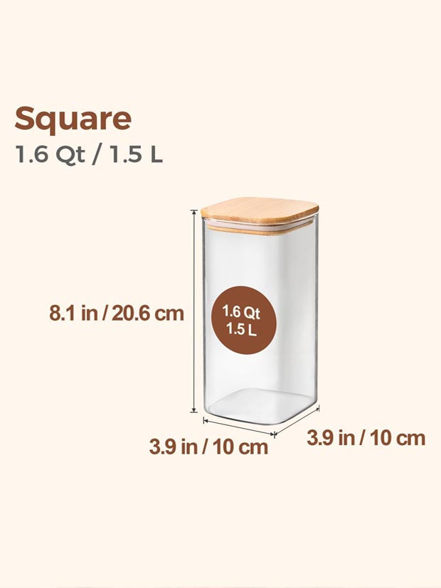 ComSaf 1.5L Square Glass Storage Jars with Bamboo Lids for Cereal, 3 Pack