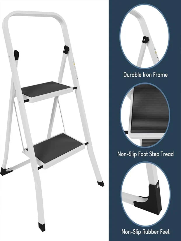 HOME VIDA 2 Step Ladder - Heavy Duty Steel Folding Ladder