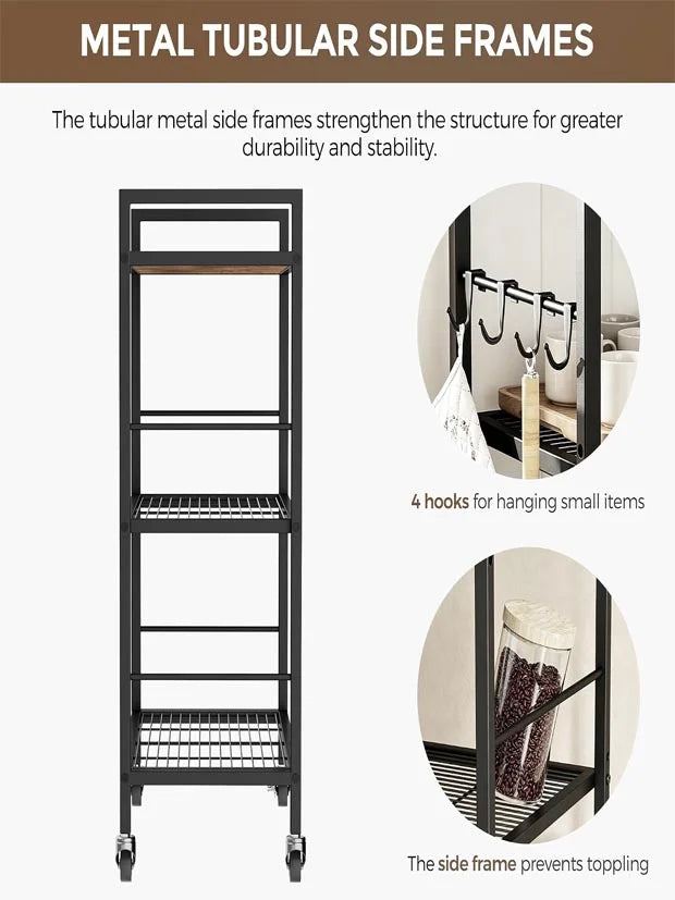 3-Tier kitchen trolley,Brown Wood Top,60W×40Dcm,4 Hooks