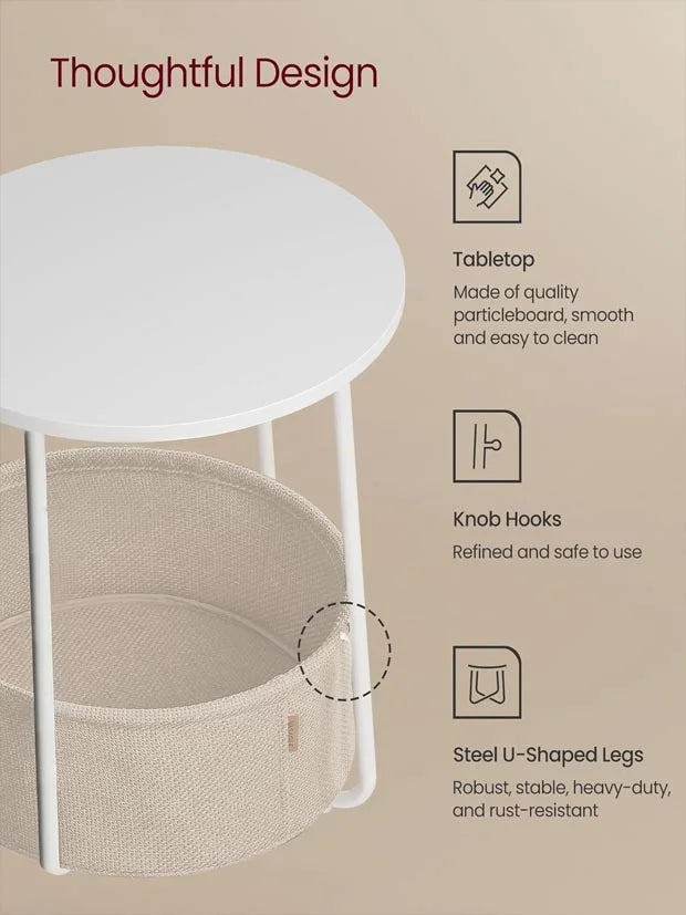 VASAGLE Side Table, Round End Table with Fabric Basket