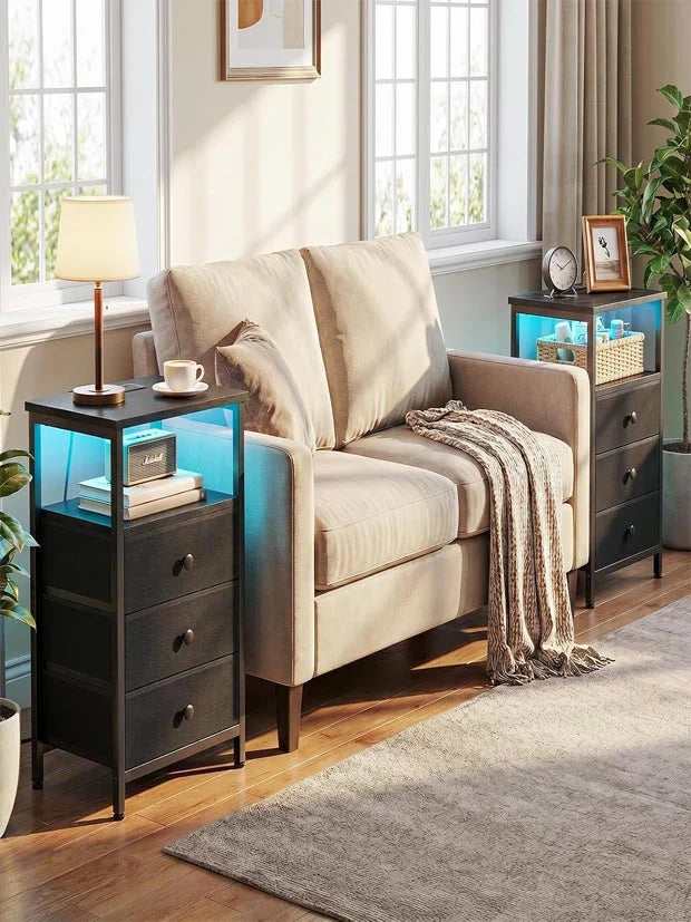 LOAKEKEL Bedside Table with Charging Station, Side Table with 3 Drawers