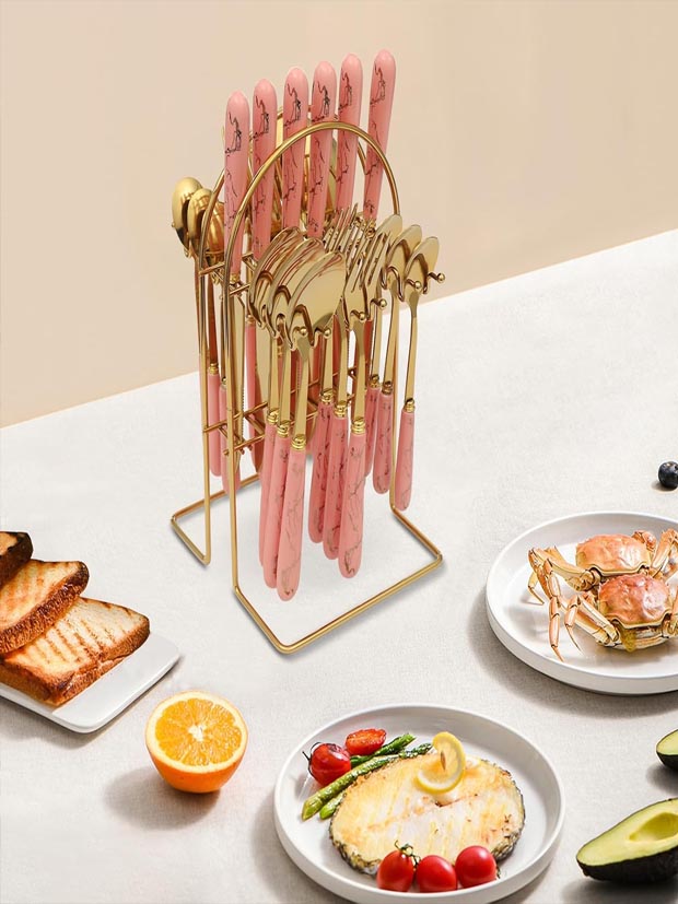24Pcs Stand Hanging Flatware Set, Mirror Polished Tableware Set