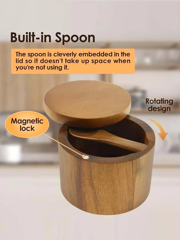 2 Compartments Acacia Salt and Pepper Box with Built in Spoon