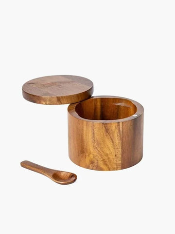 2 Compartments Acacia Salt and Pepper Box with Built in Spoon