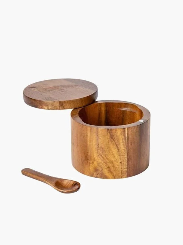 2 Compartments Acacia Salt and Pepper Box with Built in Spoon