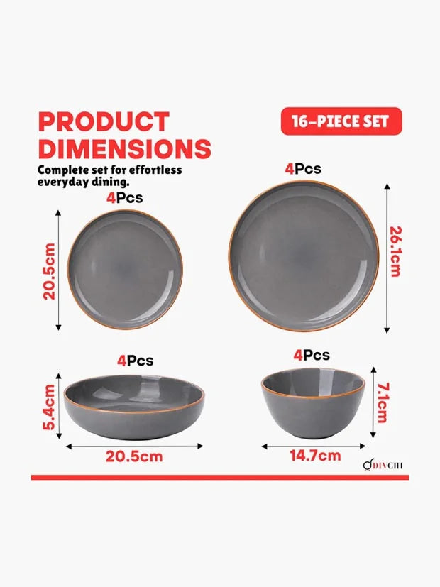 DIVCHI 16-Piece Dinner Set4 Ceramic Dinnerware 4 Dinner Plates 4 Side Plates 4 Shallow Bowls & 4 Deep Bowls